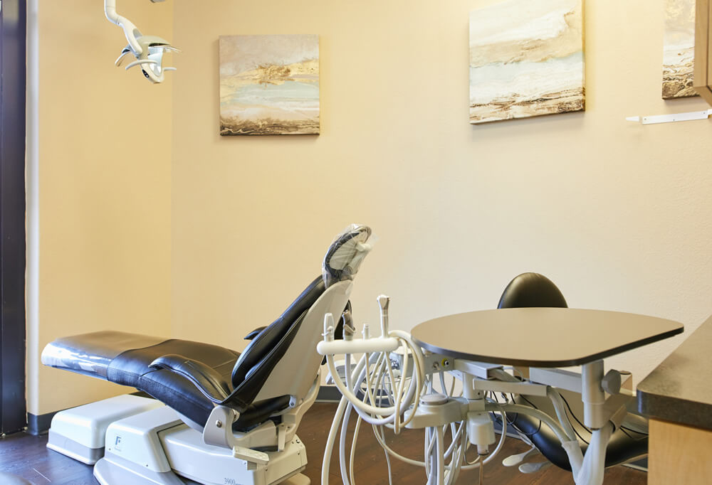 Dental Op Dental exam chair inside Prestige Family Dentistry in Flower Mound, TX