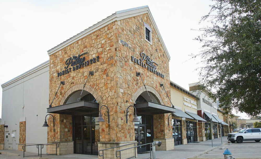 The outside view of Prestige Family Dentistry in Flower Mound, TX
