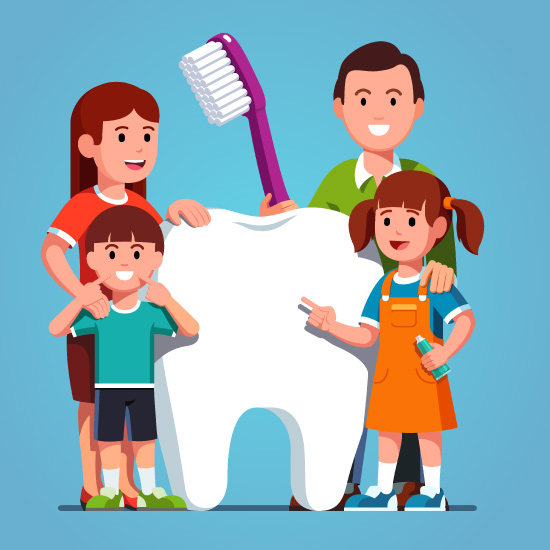 Cartoon of a mother, father, daughter & son standing next to a large model of a tooth & toothbrush.