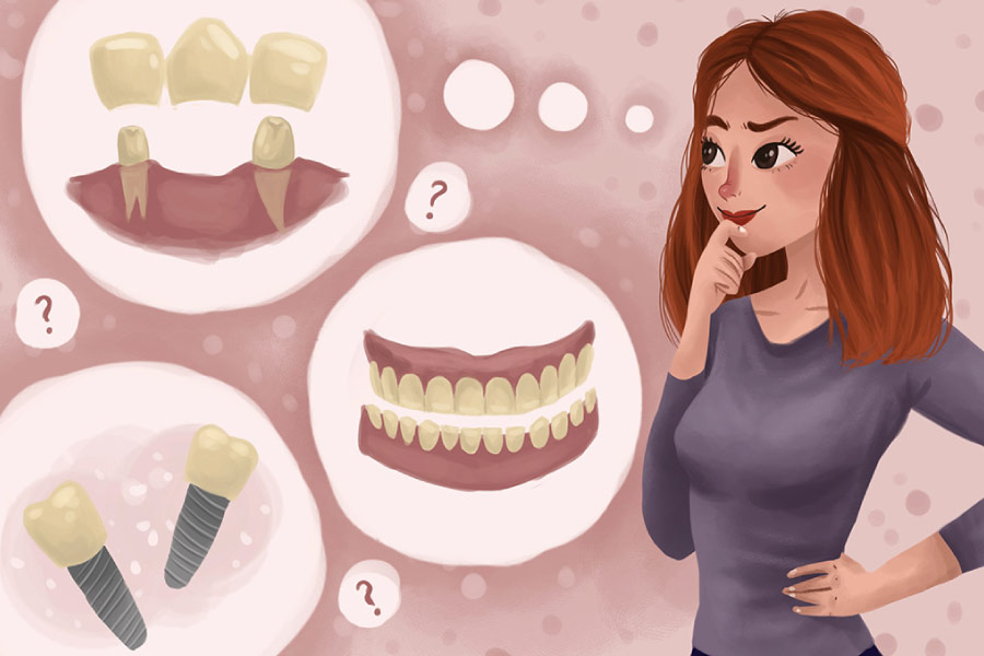 Cartoon of a woman with thought bubbles deciding between dental implants, dentures and bridges.