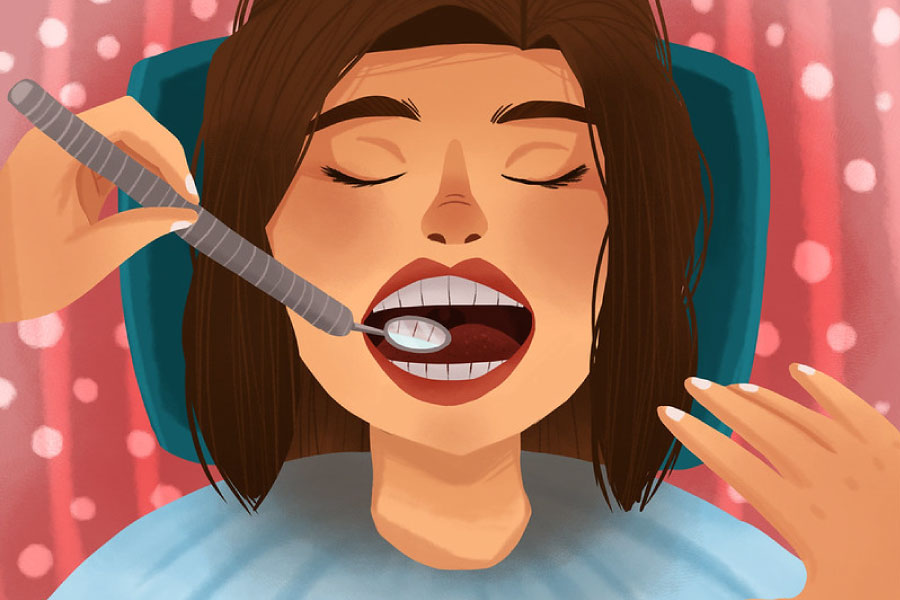 Cartoon of a woman in the dental chair for an exam and hygiene cleaning.