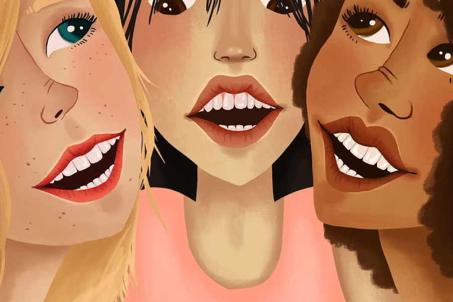 Cartoon of three smiling women with white teeth.