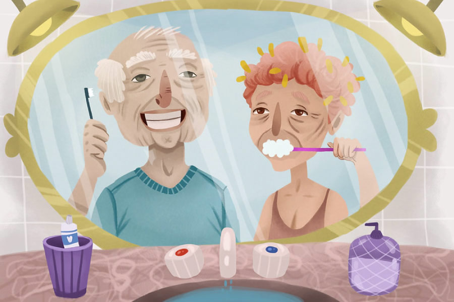 Cartoon of an elder couple brushing their teeth in front of the mirror.